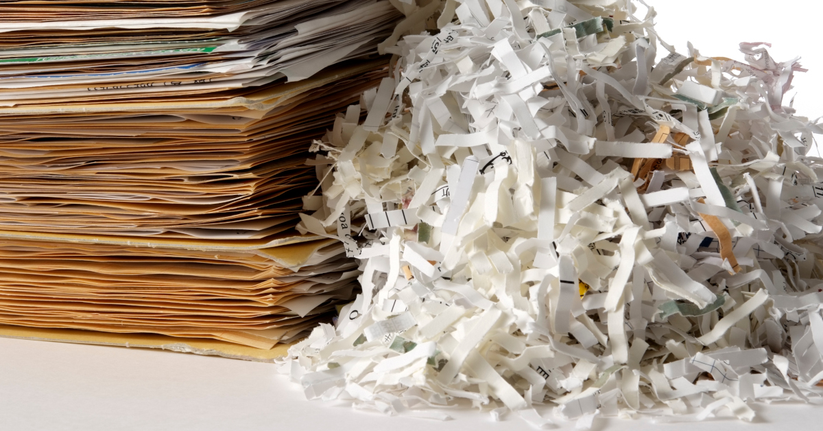 Isolated shot of shredded documents with folder on white background